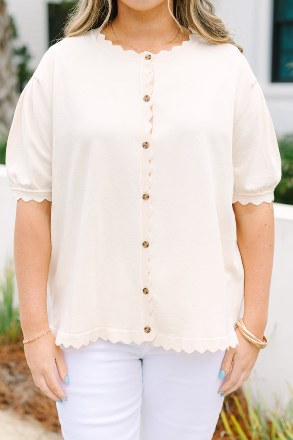 Chic Soul plus size clothing, cream short puff sleeve button up cardigan with scalloped trim