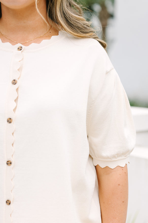 Chic Soul plus size clothing, cream short puff sleeve button up cardigan with scalloped trim