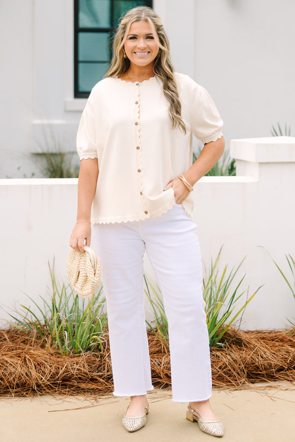 Chic Soul plus size clothing, cream short puff sleeve button up cardigan with scalloped trim