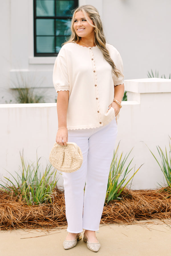 Chic Soul plus size clothing, cream short puff sleeve button up cardigan with scalloped trim