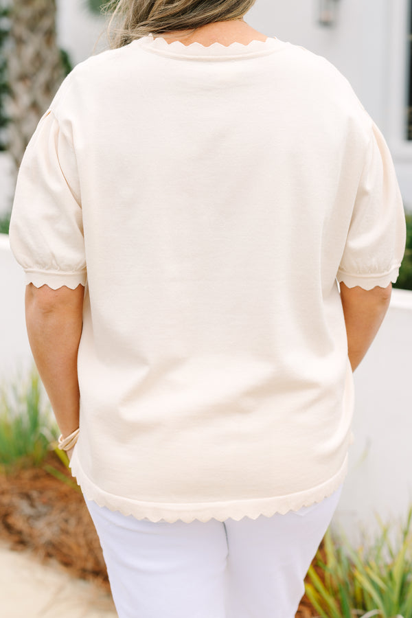 Chic Soul plus size clothing, cream short puff sleeve button up cardigan with scalloped trim