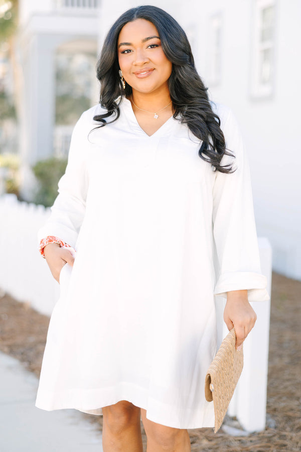 Chic Soul plus size clothing, white long sleeve linen v neck shift dress with front chest pocket