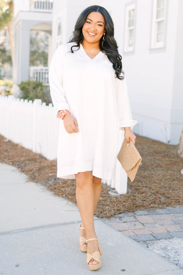 Chic Soul plus size clothing, white long sleeve linen v neck shift dress with front chest pocket