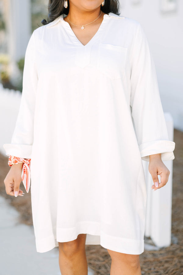 Chic Soul plus size clothing, white long sleeve linen v neck shift dress with front chest pocket