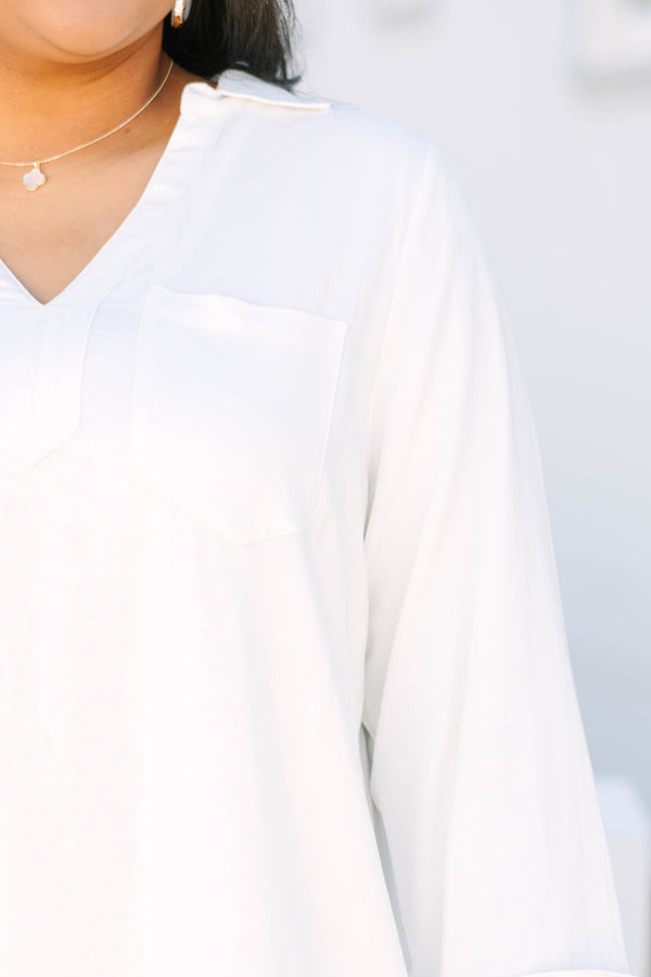 Chic Soul plus size clothing, white long sleeve linen v neck shift dress with front chest pocket