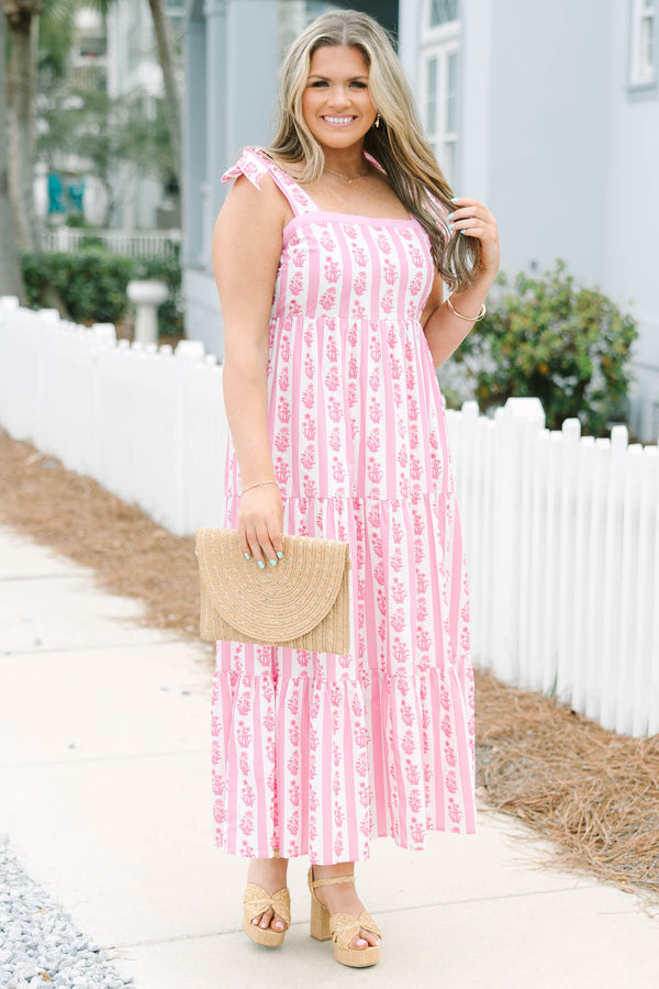 Chic Soul plus size clothing, pink and white floral print square neck tiered maxi dress with straps that tie into bows 