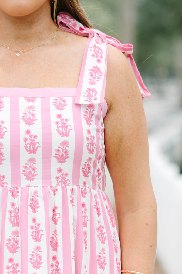 Chic Soul plus size clothing, pink and white floral print square neck tiered maxi dress with straps that tie into bows 