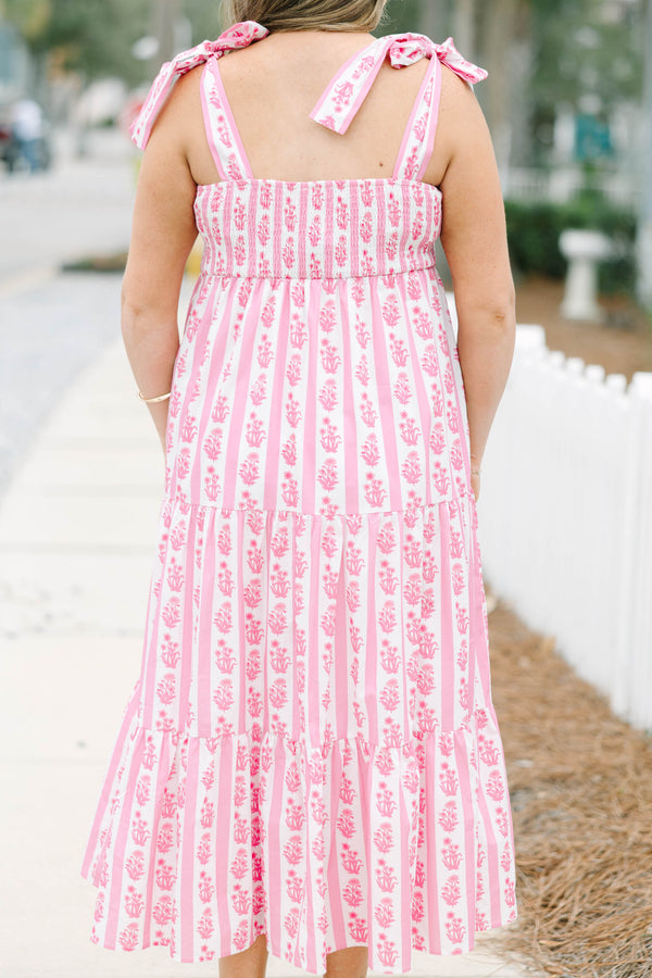 Chic Soul plus size clothing, pink and white floral print square neck tiered maxi dress with straps that tie into bows 