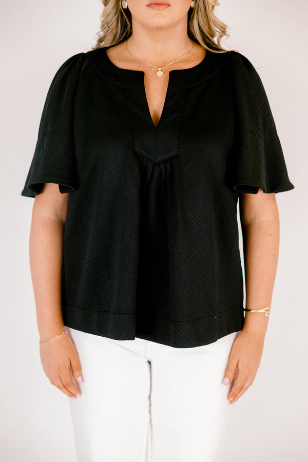 Chic Soul plus size clothing, black short flowy sleeve top with v-neckline and textured pattern