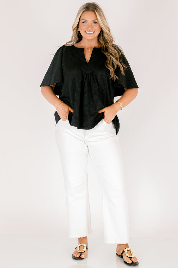 Chic Soul plus size clothing, black short flowy sleeve top with v-neckline and textured pattern
