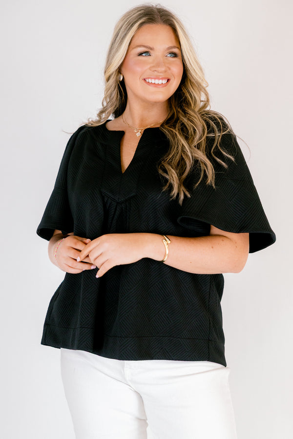 Chic Soul plus size clothing, black short flowy sleeve top with v-neckline and textured pattern