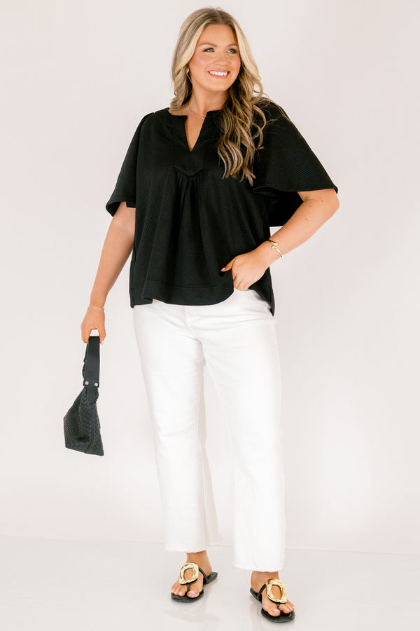 Chic Soul plus size clothing, black short flowy sleeve top with v-neckline and textured pattern