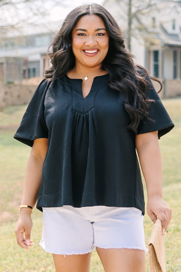 Chic Soul plus size clothing, black short flowy sleeve top with v-neckline and textured pattern