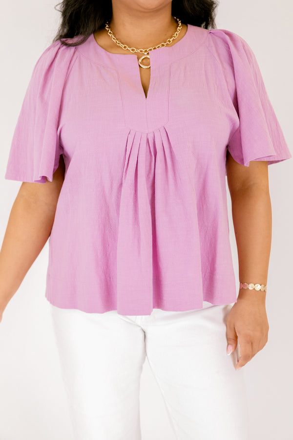Chic Soul plus size clothing, lavender purple flutter short sleeve top with v-neckline