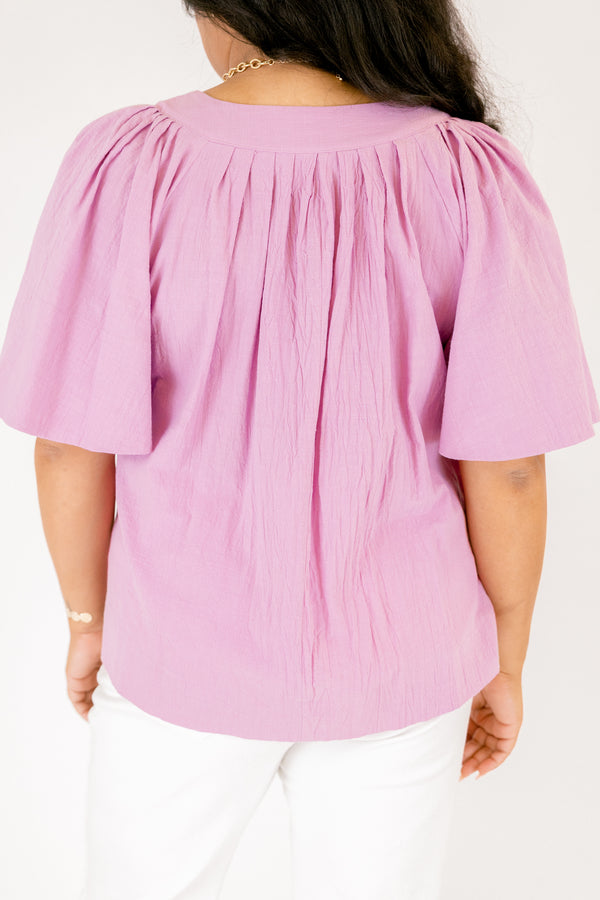 Chic Soul plus size clothing, lavender purple flutter short sleeve top with v-neckline