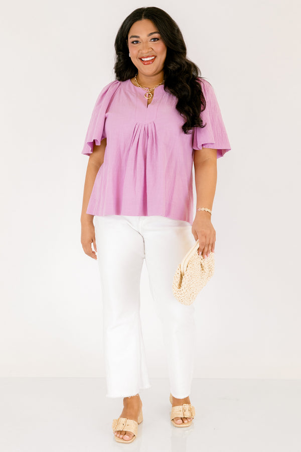 Chic Soul plus size clothing, lavender purple flutter short sleeve top with v-neckline