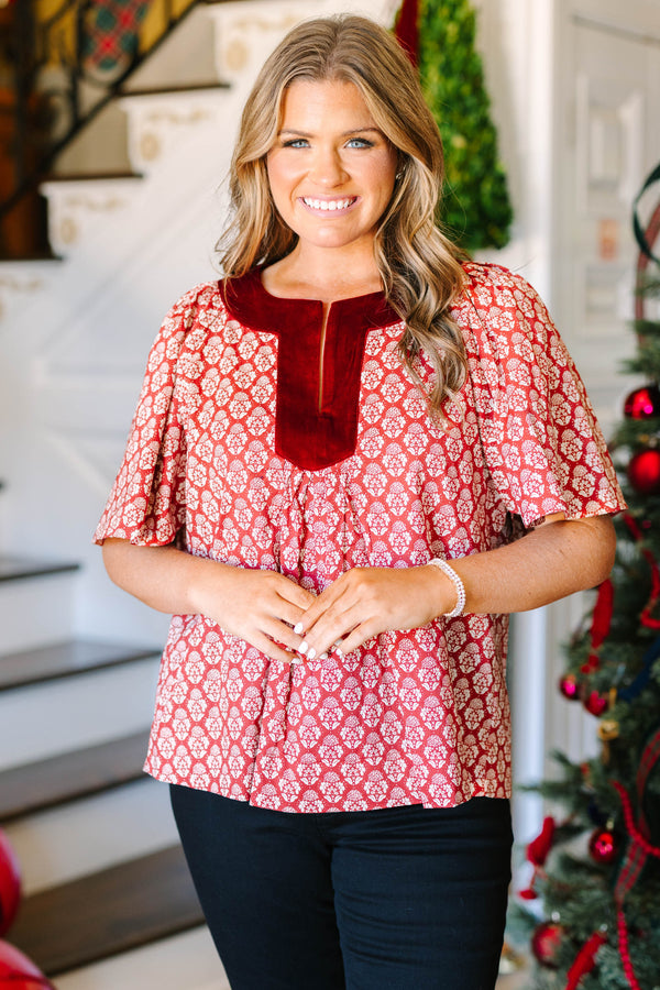 Plus Size red floral cotton top with short flutter sleeves and a velvet split neckline.