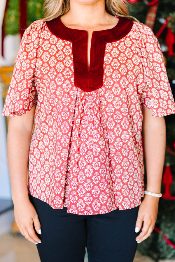 Plus Size red floral cotton top with short flutter sleeves and a velvet split neckline.
