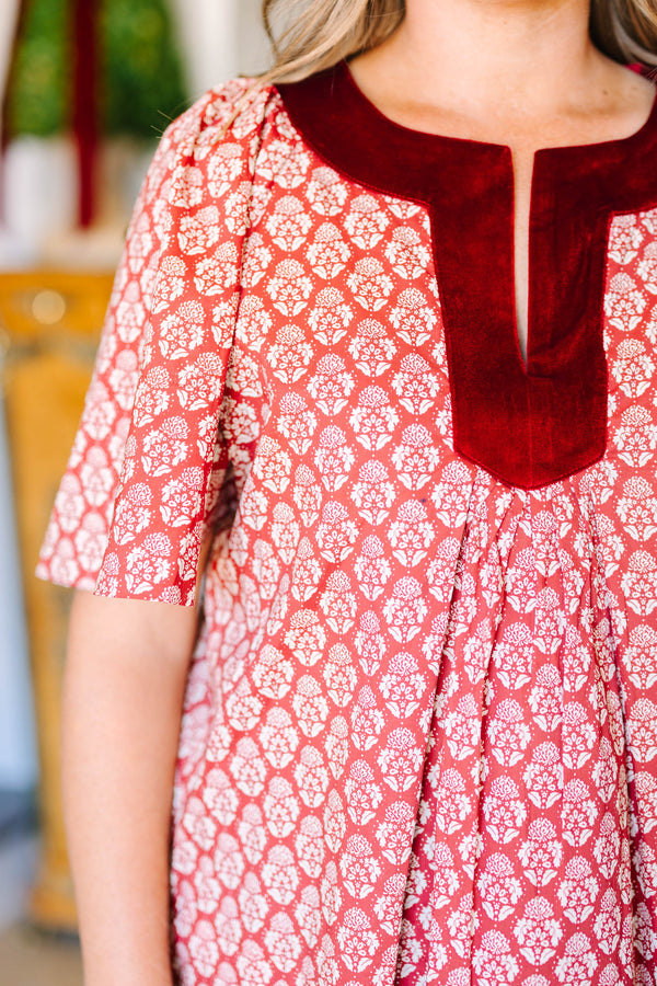 Plus Size red floral cotton top with short flutter sleeves and a velvet split neckline.