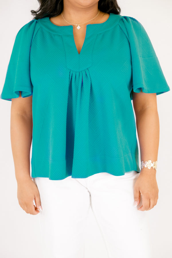 Chic Soul plus size clothing, teal short flowy sleeve top with v-neckline and textured pattern throughout the top