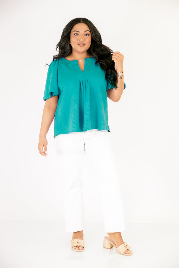 Chic Soul plus size clothing, teal short flowy sleeve top with v-neckline and textured pattern throughout the top