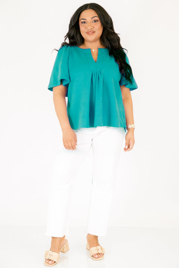 Chic Soul plus size clothing, teal short flowy sleeve top with v-neckline and textured pattern throughout the top