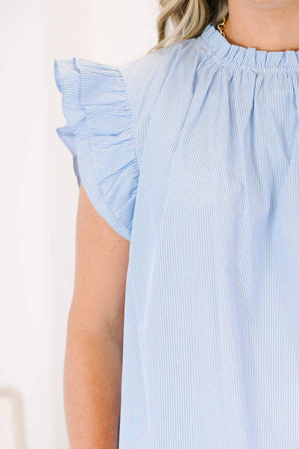 Plus Size blue and white pinstripe top with a ruffled high neckline and flutter sleeves.