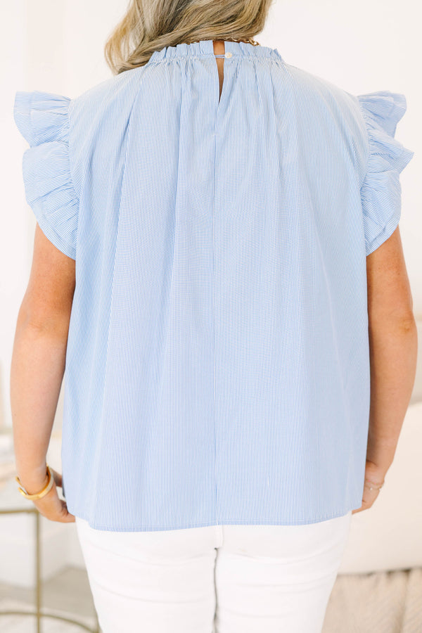 Plus Size blue and white pinstripe top with a ruffled high neckline and flutter sleeves.
