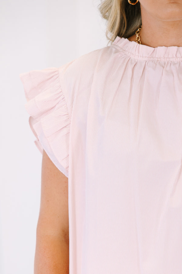 Plus Size light orange and white pinstripe top with a ruffled high neck and flutter sleeves.