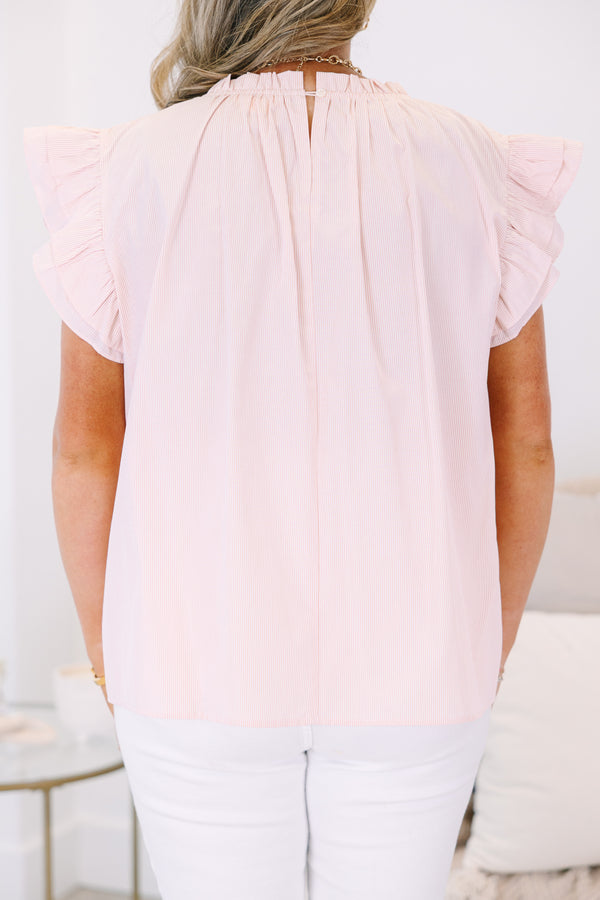 Plus Size light orange and white pinstripe top with a ruffled high neck and flutter sleeves.
