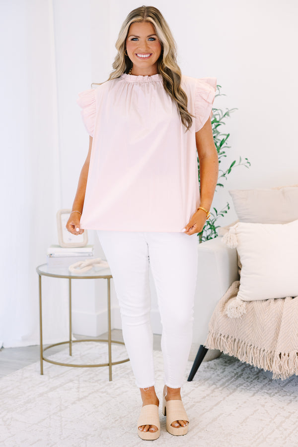 Plus Size light orange and white pinstripe top with a ruffled high neck and flutter sleeves.