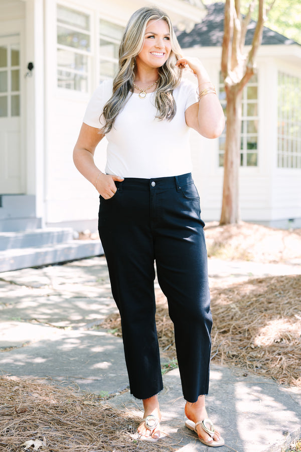 Chic Soul plus size clothing, black jeans with relaxed fit and raw hemline