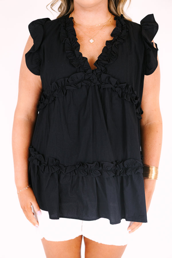 Chic Soul plus size clothing, black flutter sleeve v neck top with ruffle detailing outlining the top and going around the bottom of the top