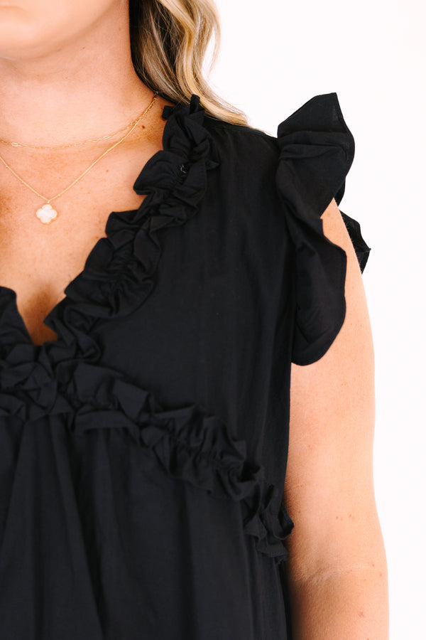 Chic Soul plus size clothing, black flutter sleeve v neck top with ruffle detailing outlining the top and going around the bottom of the top