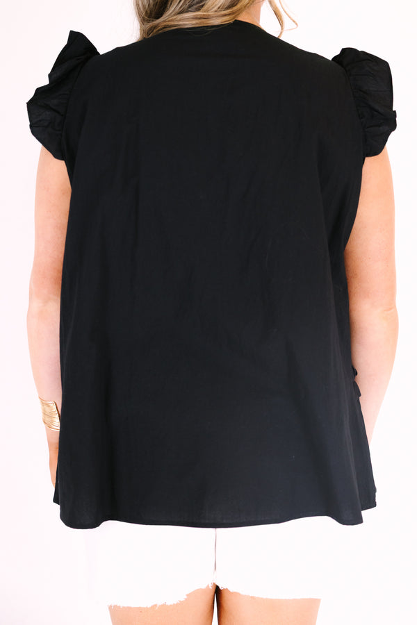 Chic Soul plus size clothing, black flutter sleeve v neck top with ruffle detailing outlining the top and going around the bottom of the top