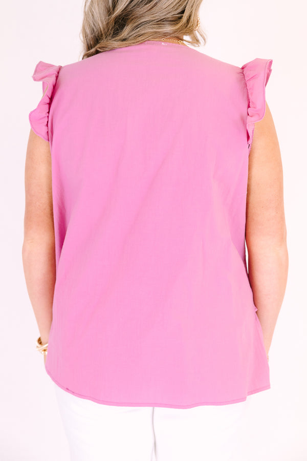 Chic Soul plus size clothing, pink flutter sleeve v neck top with ruffle detailing outlining the top and going around the bottom of the top
