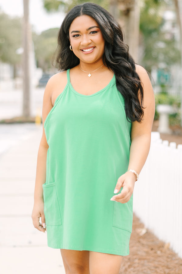 Chic Soul plus size clothing, green strapless active dress with shorts underneath and two front pockets at the bottom of the dress