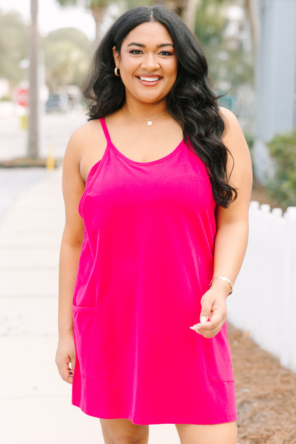 Chic Soul plus size clothing, bright magenta tank top athletic dress with shorts underneath and 2 front lower pockets
