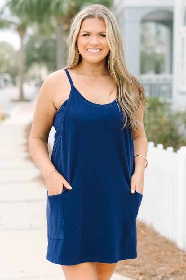 Chic Soul plus size clothing, navy blue sleeveless athletic short dress with two front pockets and built in shorts under the skirt and built in bra