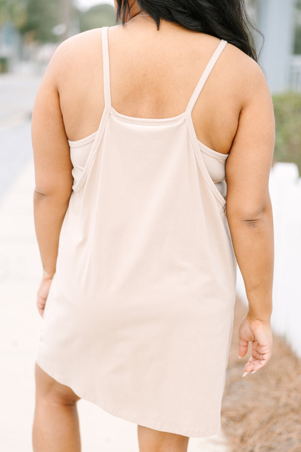 Chic Soul plus size clothing, taupe sleeveless athletic dress with a scooped neckline and pockets on the front of the dress