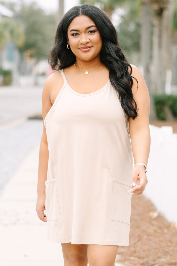 Chic Soul plus size clothing, taupe sleeveless athletic dress with a scooped neckline and pockets on the front of the dress