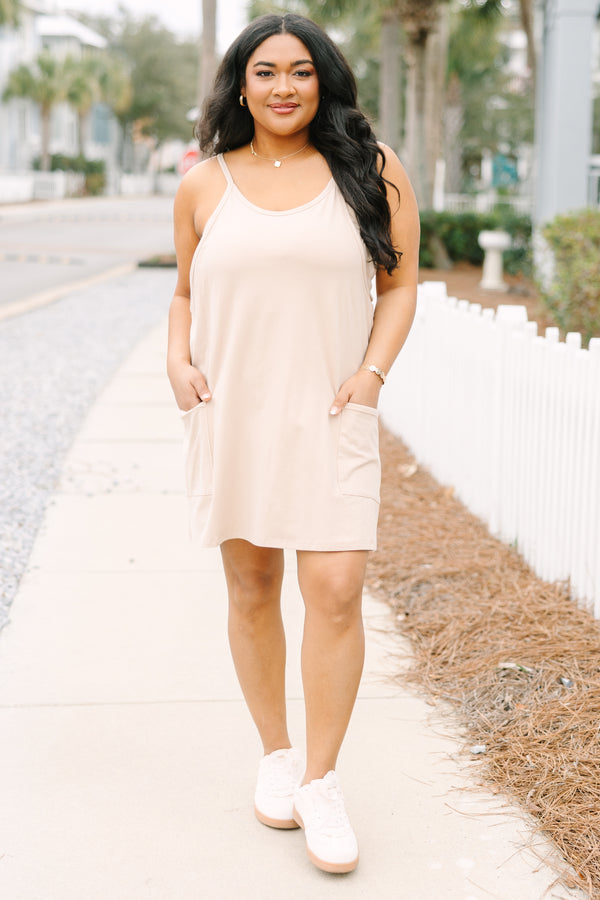 Chic Soul plus size clothing, taupe sleeveless athletic dress with a scooped neckline and pockets on the front of the dress