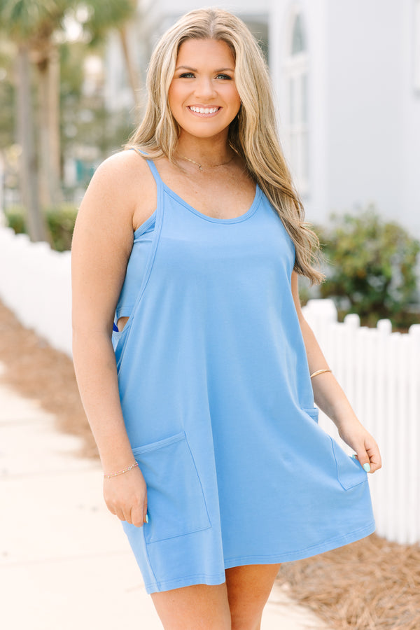 Chic Soul plus size clothing, light blue tank top athletic dress with shorts underneath and 2 front lower pockets