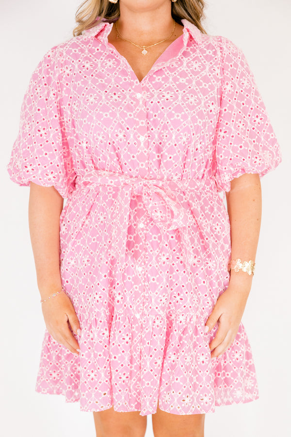 Chic Soul  plus size clothing, bubblegum pink short puff sleeve button up collared dress with white embroidery eyelet detailing and a tie belt at the waist 