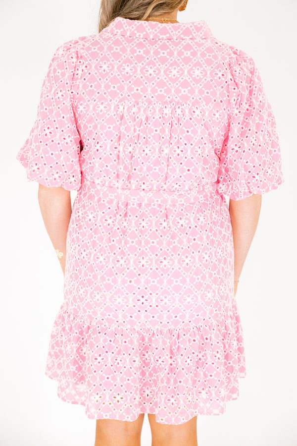 Chic Soul  plus size clothing, bubblegum pink short puff sleeve button up collared dress with white embroidery eyelet detailing and a tie belt at the waist 