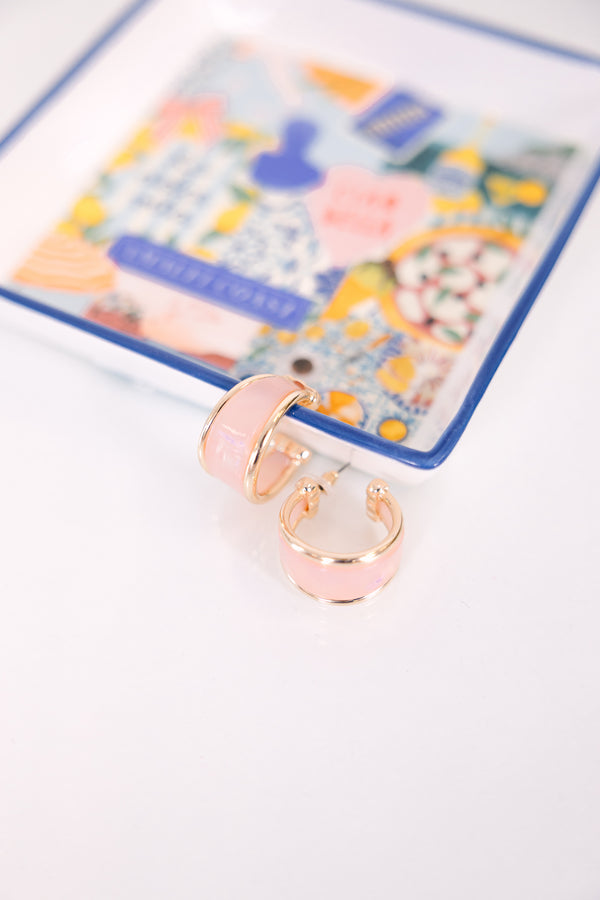 Plus Size pink enamel and gold-toned hoop earrings with a wide, polished finish.