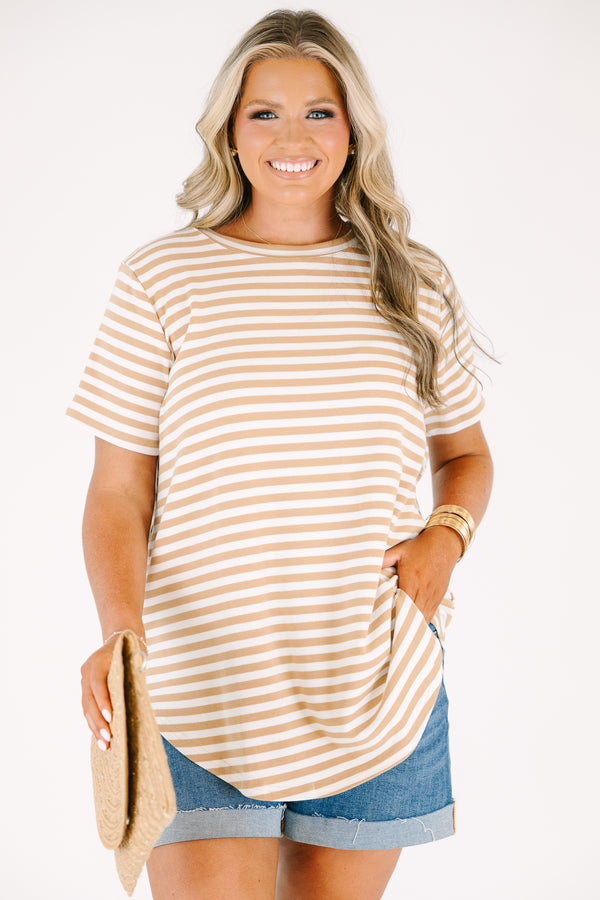Plus Size mocha and white horizontal striped short sleeve crewneck top.