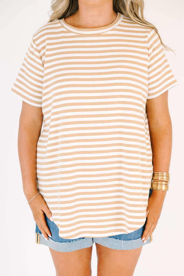 Plus Size mocha and white horizontal striped short sleeve crewneck top.