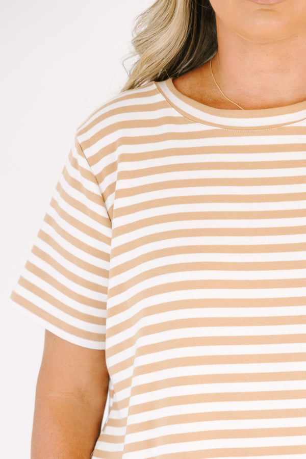 Plus Size mocha and white horizontal striped short sleeve crewneck top.