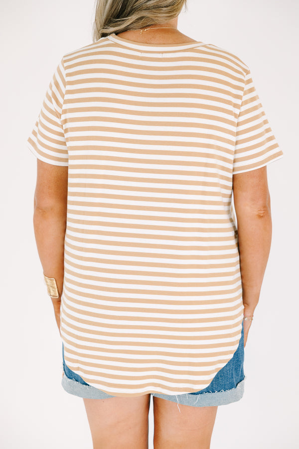 Plus Size mocha and white horizontal striped short sleeve crewneck top.